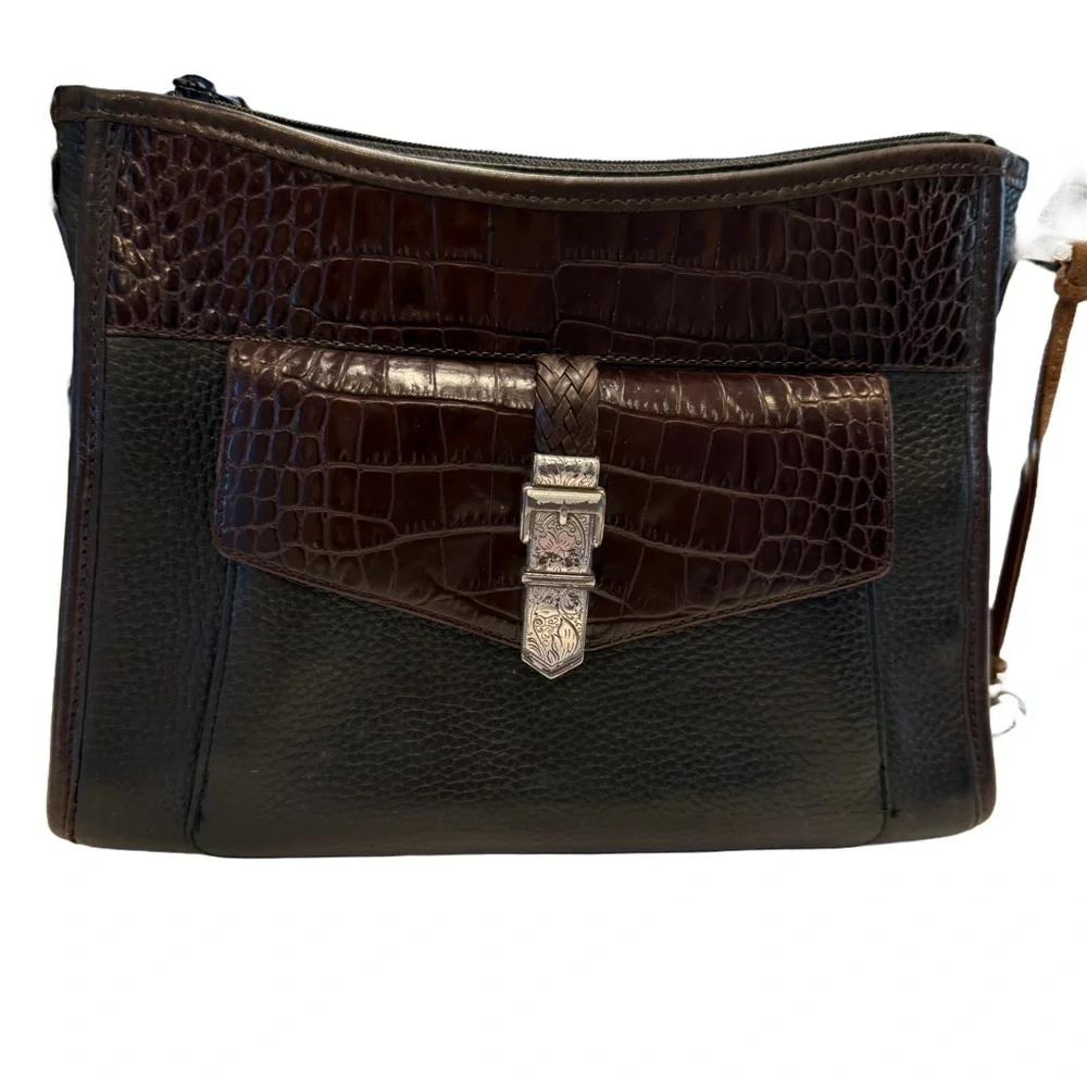 BRIGHTON Womens Black & Brown LEATHER SHOULDER BAG W/card Holder Croc Embossed